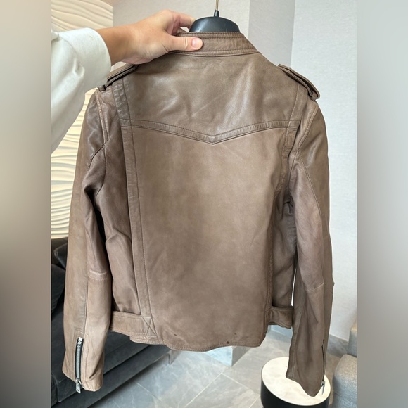 AllSaints Lamb Leather Biker Jacket Natural Pointed Collar Padded Inside US 10 - Picture 2 of 16